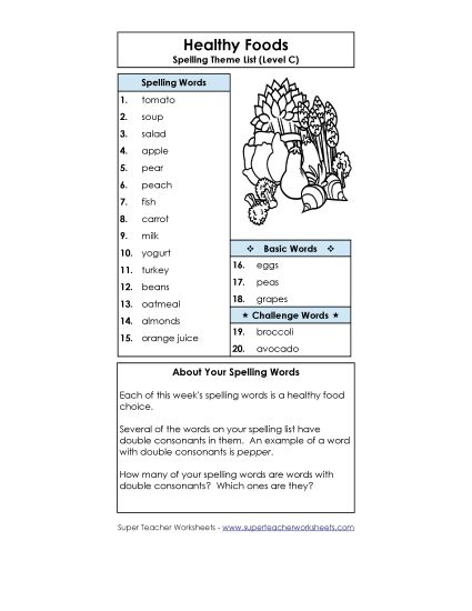 Spelling List - Spelling List (C-Healthy Foods)  (Printable PDF Worksheet)