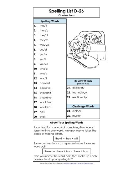 Spelling List - Spelling List D-26 (Printable PDF Worksheet)