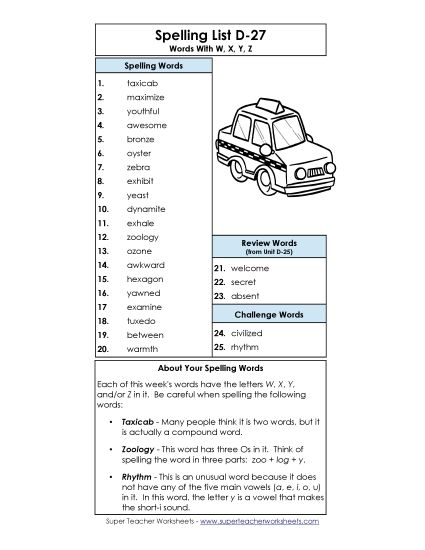 Spelling List - Spelling List D-27 (Printable PDF Worksheet)