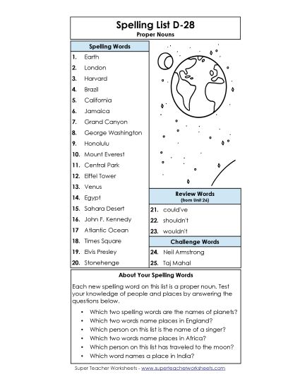 Spelling List - Spelling List D-28 (Printable PDF Worksheet)