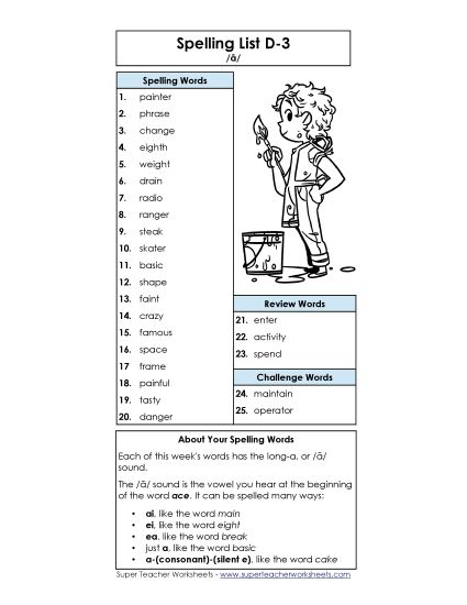 Spelling List - Spelling List D-3 (Printable PDF Worksheet)