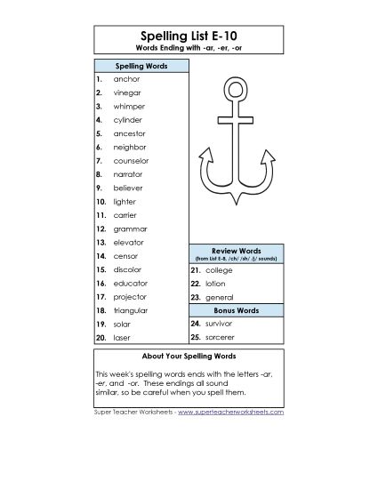 Spelling List - Spelling List (E-10) (Printable PDF Worksheet)