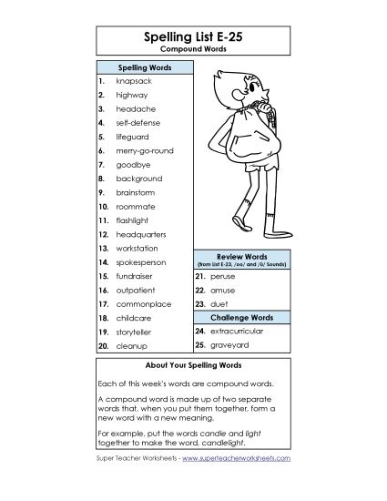 Spelling List - Spelling List (E-25) (Printable PDF Worksheet)