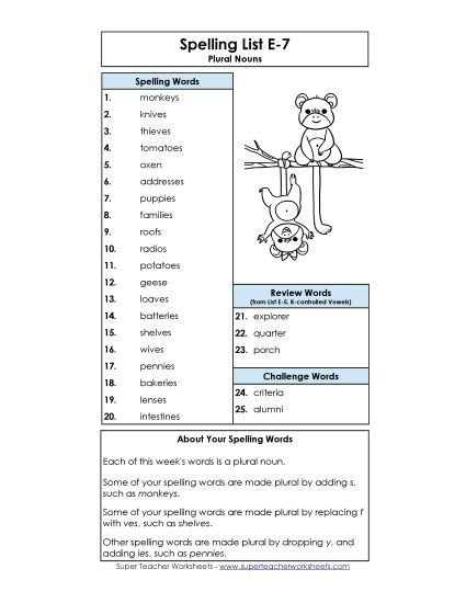 Spelling List - Spelling List (E-7) (Printable PDF Worksheet)