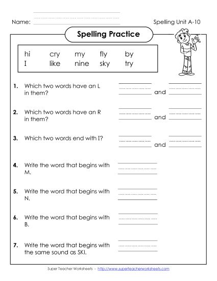 Worksheets - Spelling Practice (A-10) (Printable PDF Worksheet)
