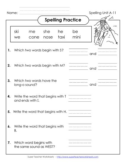 Worksheets - Spelling Practice (A-11)  (Printable PDF Worksheet)