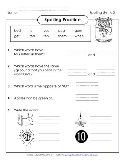 Worksheets - Spelling Practice (A-2) (Printable PDF Worksheet)