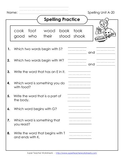 Worksheets - Spelling Practice (A-20)  (Printable PDF Worksheet)