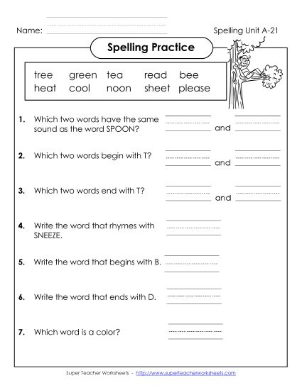 Worksheets - Spelling Practice (A-21) (Printable PDF Worksheet)