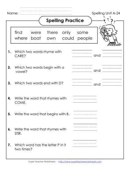 Worksheets - Spelling Practice (A-24) (Printable PDF Worksheet)