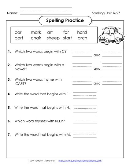 Worksheets - Spelling Practice (A-27) (Printable PDF Worksheet)