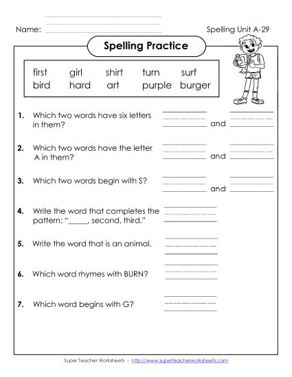 Worksheets - Spelling Practice (A-29) (Printable PDF Worksheet)