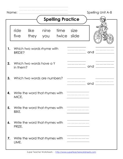 Worksheets - Spelling Practice (A-8) (Printable PDF Worksheet)