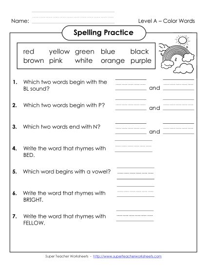 Worksheets and Activities  - Spelling Practice (A-Color Words) (Printable PDF Worksheet)