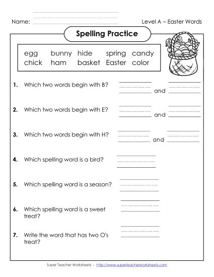 Worksheets - Spelling Practice (A-Easter) (Printable PDF Worksheet)