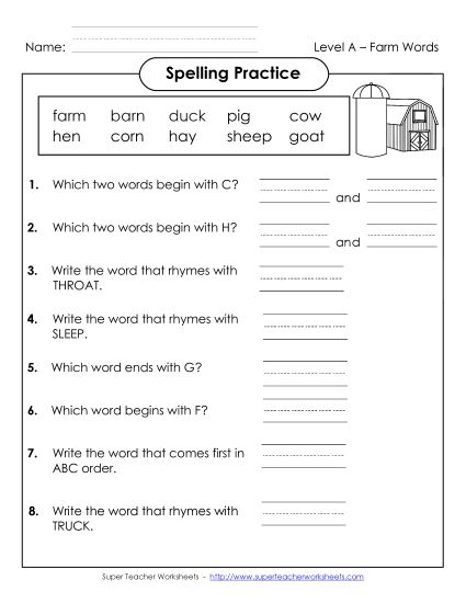 Printable Worksheets - Spelling Practice (A-Farm Words)  (Printable PDF Worksheet)