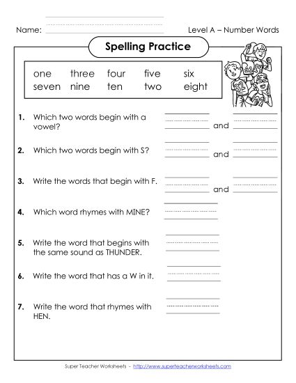 Worksheets and Activities - Spelling Practice (A-Number Words) (Printable PDF Worksheet)
