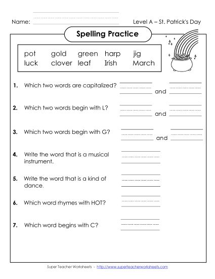 Worksheets - Spelling Practice (A-St. Patrick's Day)  (Printable PDF Worksheet)