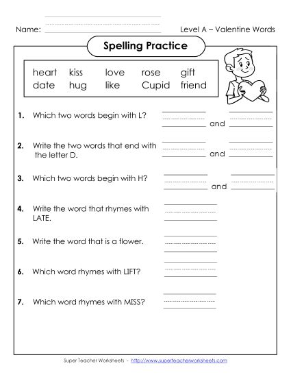 Worksheets and Activities - Spelling Practice (A-Valentine's Day) (Printable PDF Worksheet)