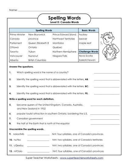 Worksheets and Activities - Spelling Question Worksheet (D-Canada Words)  (Printable PDF Worksheet)