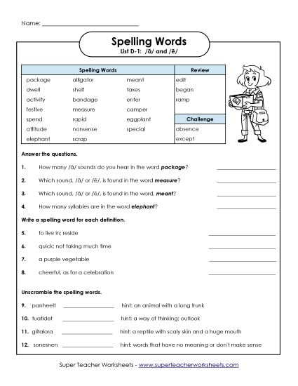 Worksheets - Spelling Questions (D-1) (Printable PDF Worksheet)