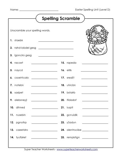 Worksheets - Spelling Scramble (D-Easter)  (Printable PDF Worksheet)