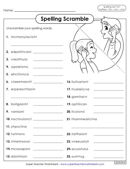 Worksheets and Puzzles - Spelling Scramble (F-27)  (Printable PDF Worksheet)