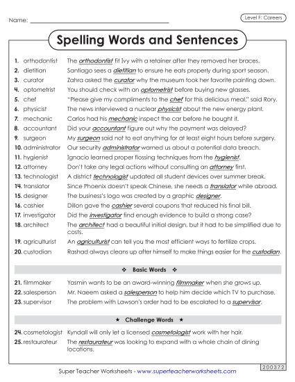 Spelling Test - Spelling Sentences (Careers) (Printable PDF Worksheet)