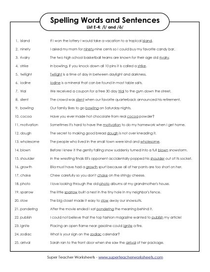 Spelling Test - Spelling Sentences (E-4) (Printable PDF Worksheet)