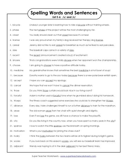 Spelling Test - Spelling Sentences (E-6) (Printable PDF Worksheet)