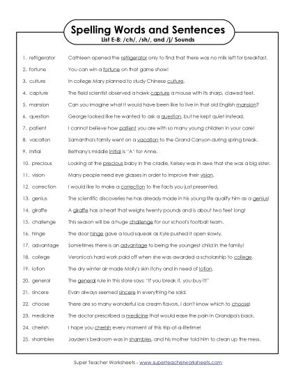 Spelling Test - Spelling Sentences (E-8) (Printable PDF Worksheet)