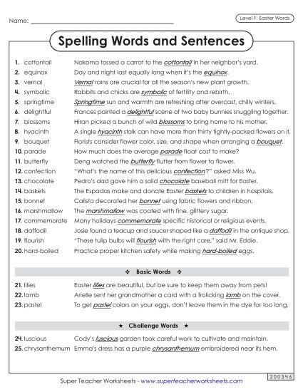 Spelling Test - Spelling Sentences (Easter)  (Printable PDF Worksheet)