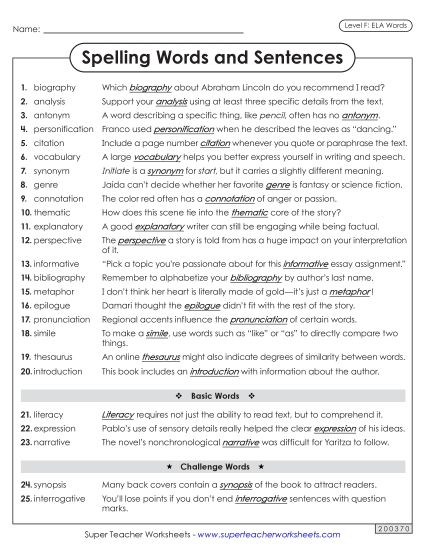 Spelling Test - Spelling Sentences (ELA) (Printable PDF Worksheet)