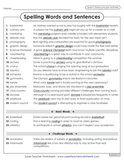 Spelling Test - Spelling Sentences (Extracurriculars) (Printable PDF Worksheet)