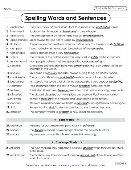 Spelling Test - Spelling Sentences (F-1)  (Printable PDF Worksheet)
