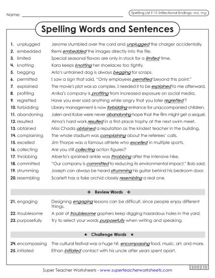 Spelling Test - Spelling Sentences (F-11) (Printable PDF Worksheet)