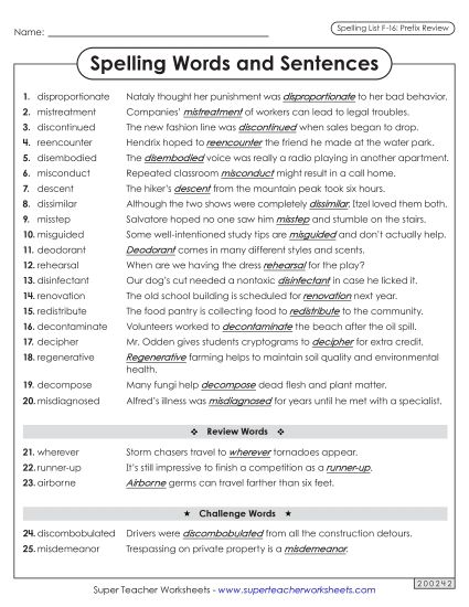 Spelling Test - Spelling Sentences (F-16) (Printable PDF Worksheet)