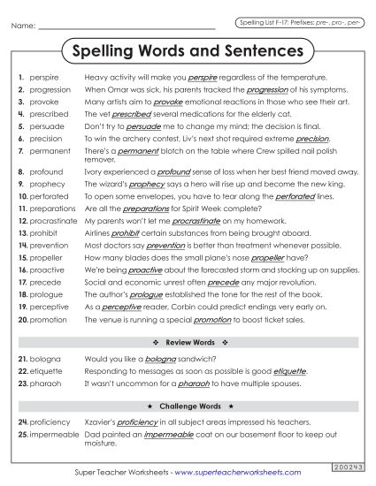 Spelling Test - Spelling Sentences (F-17) (Printable PDF Worksheet)