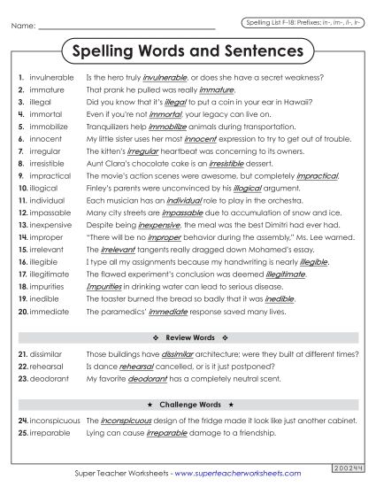 Spelling Test - Spelling Sentences (F-18) (Printable PDF Worksheet)