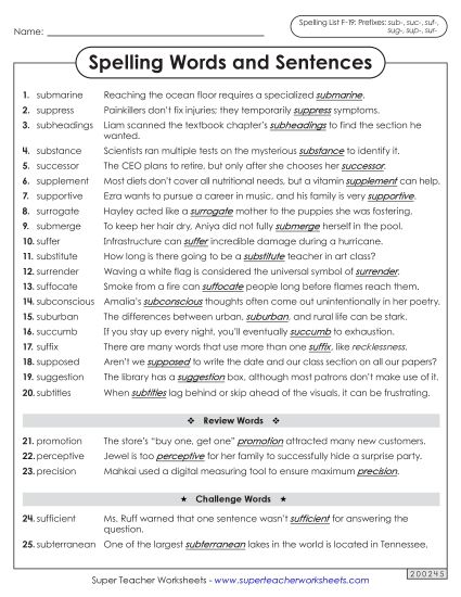 Spelling Test - Spelling Sentences (F-19) (Printable PDF Worksheet)