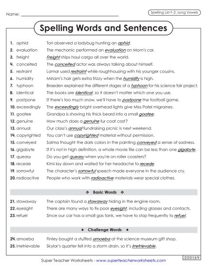 Spelling Test - Spelling Sentences (F-2)  (Printable PDF Worksheet)