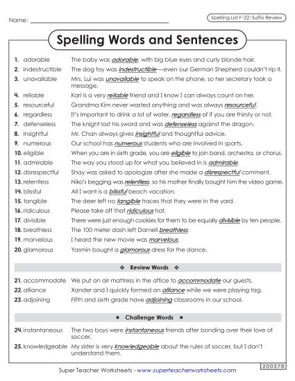 Spelling Test - Spelling Sentences (F-22) (Printable PDF Worksheet)