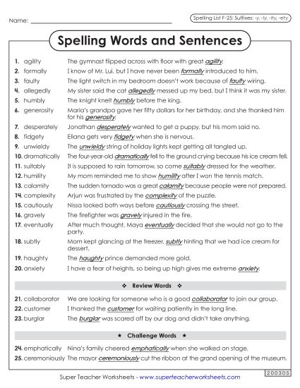 Spelling Test - Spelling Sentences (F-25) (Printable PDF Worksheet)