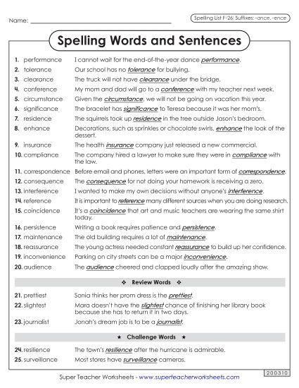 Spelling Test - Spelling Sentences (F-26)  (Printable PDF Worksheet)