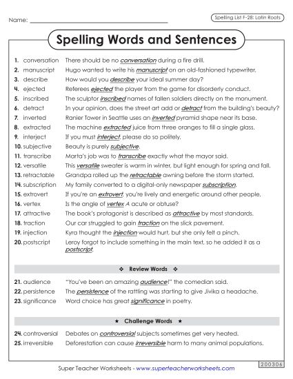 Spelling Test - Spelling Sentences (F-28) (Printable PDF Worksheet)