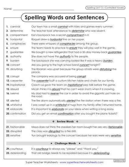 Spelling Test - Spelling Sentences (F-3)  (Printable PDF Worksheet)