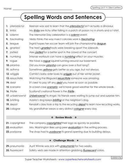 Spelling Test - Spelling Sentences (F-4) (Printable PDF Worksheet)