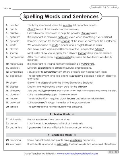 Spelling Test - Spelling Sentences (F-5) (Printable PDF Worksheet)