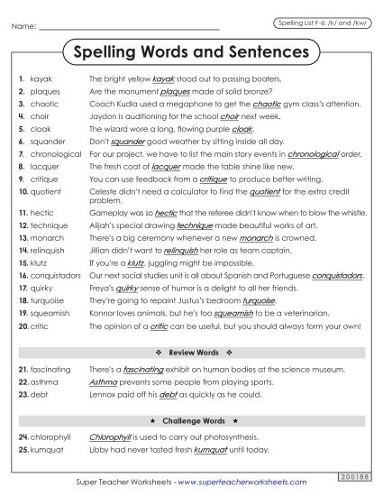 Spelling Test - Spelling Sentences (F-6) (Printable PDF Worksheet)
