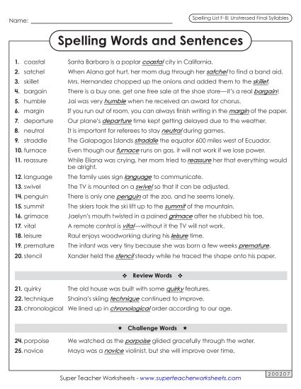 Spelling Test - Spelling Sentences (F-8)  (Printable PDF Worksheet)